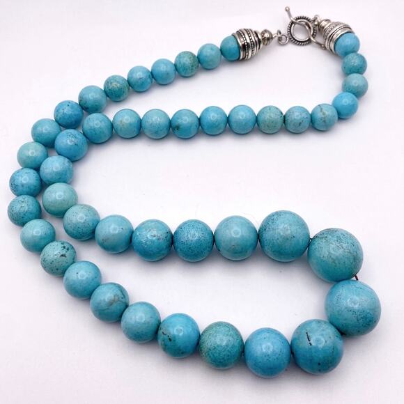 Blue Turquoise XL Vintage Necklace Sterling Silver Closure 26” - Picture 1 of 7